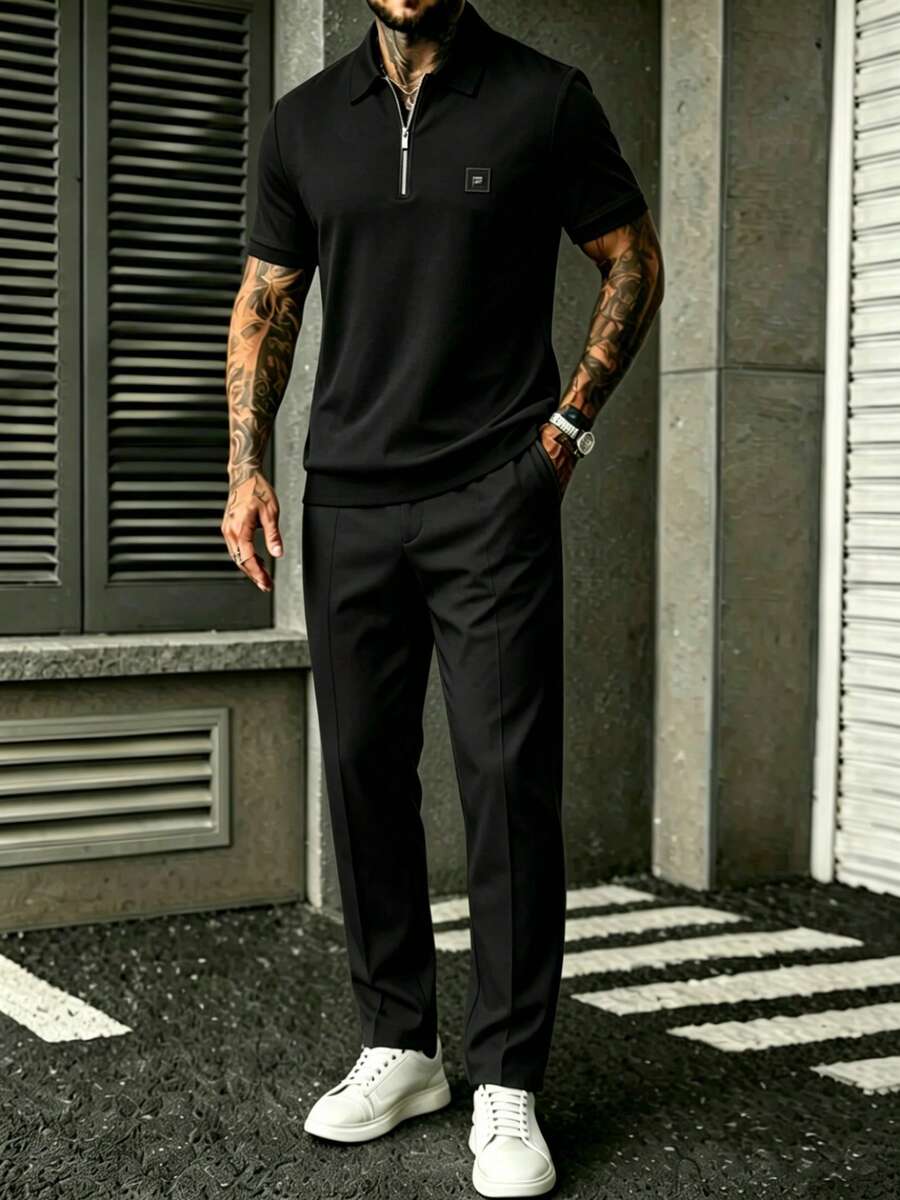 Mens Black Quarter-Sleeve Zip- - مراجعة Embroidery Shirt وسعره